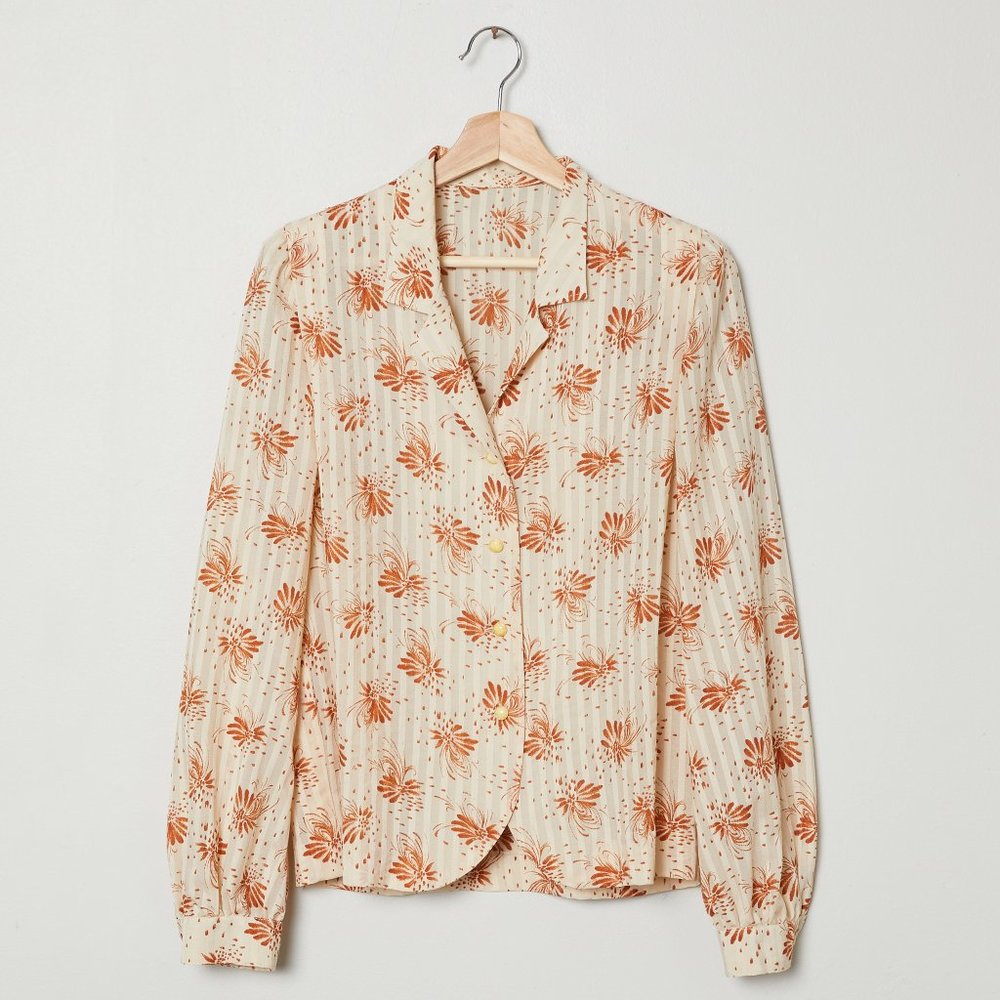 Vtg 70s Rust Floral Blouse M